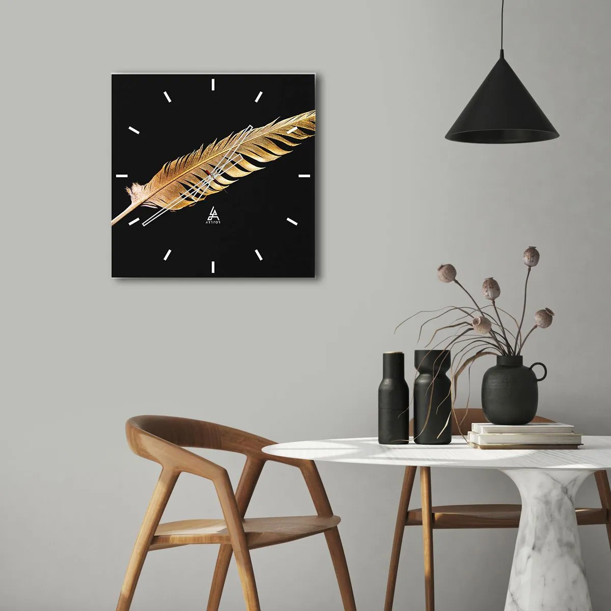 Väggklocka - Klocka på glas - Fjäder... - 30x30 cm