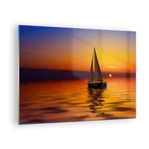 Glastavla - Bild på glas - En segelbåt på vattnet vid solnedgången - 70x50cm - Så tyst i skymningen... - Modern väggdekoration för vardagsrum och sovrum ARTTOR