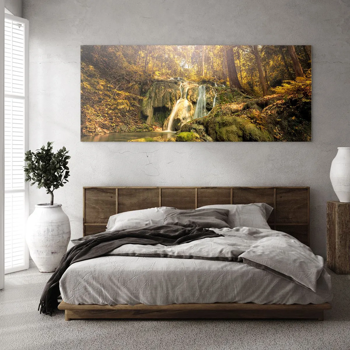 Glastavla - Bild på glas - Skogkaskad i grönt - 90x30 cm
