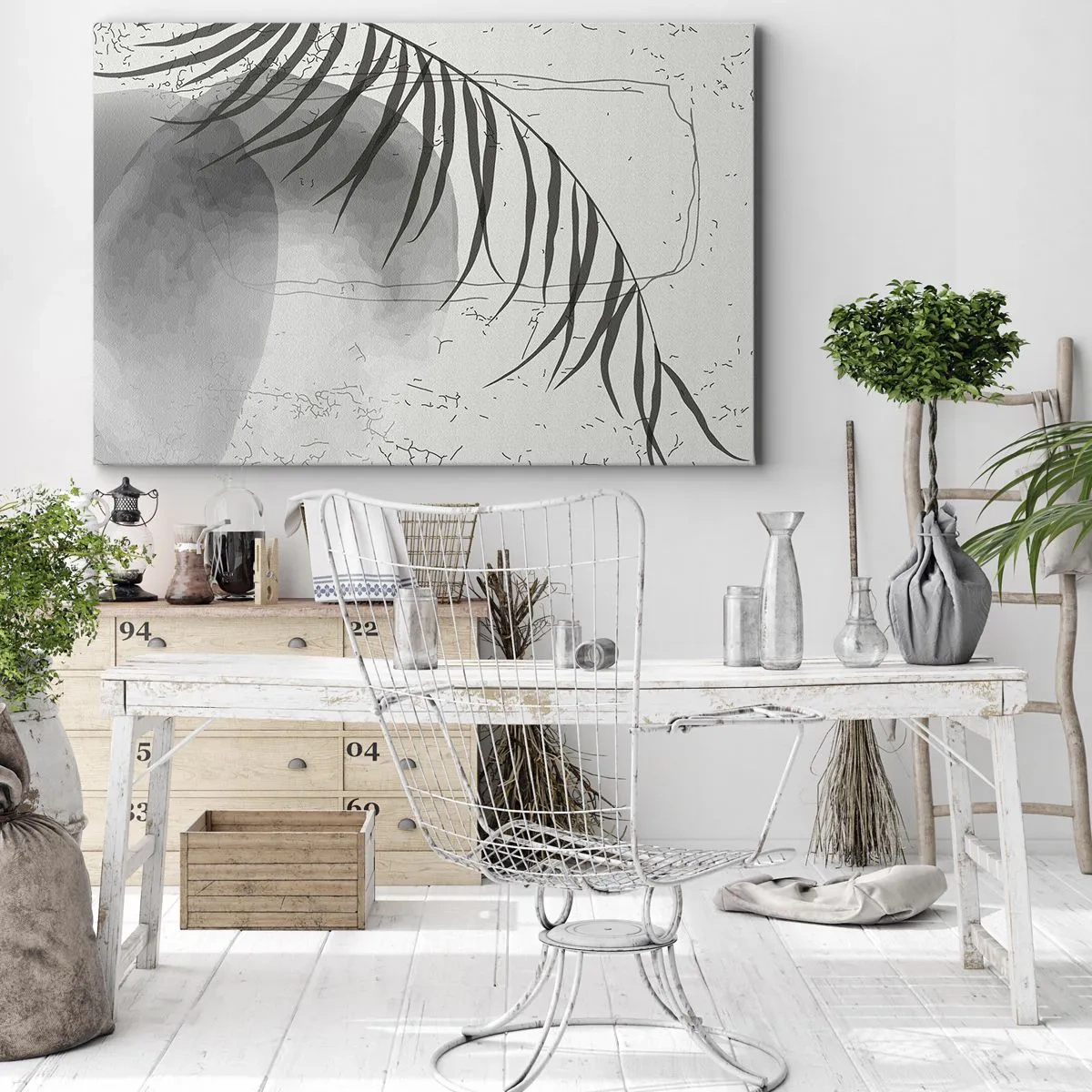 Canvastavla - Bild på duk - Ett fint palmbladsmotiv mot en ljus bakgrund i skandinavisk stil. - 70x50cm - Den subtila exotismen i naturen - Modern väggdekoration för vardagsrum och sovrum ARTTOR