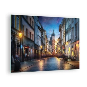 Glastavla - Bild på glas - Kvällsvy över gamla stan med kyrkan i bakgrunden - 70x50cm - Krakows charm - Modern väggdekoration för vardagsrum och sovrum ARTTOR