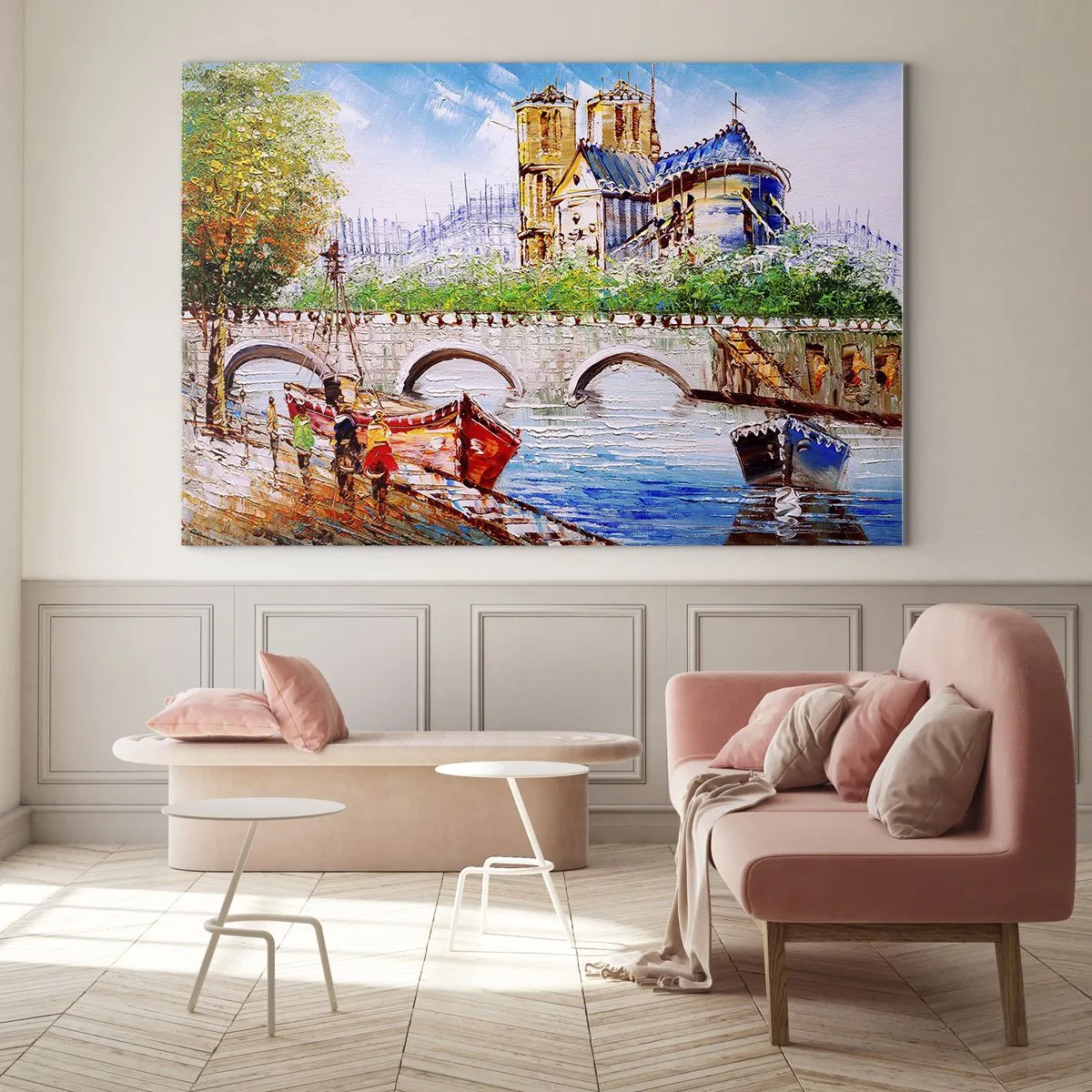 Glastavla - Bild på glas - Bro och båtar mot bakgrund av den historiska katedralen - 70x50cm - Deras tid är aldrig förbi - Modern väggdekoration för vardagsrum och sovrum ARTTOR