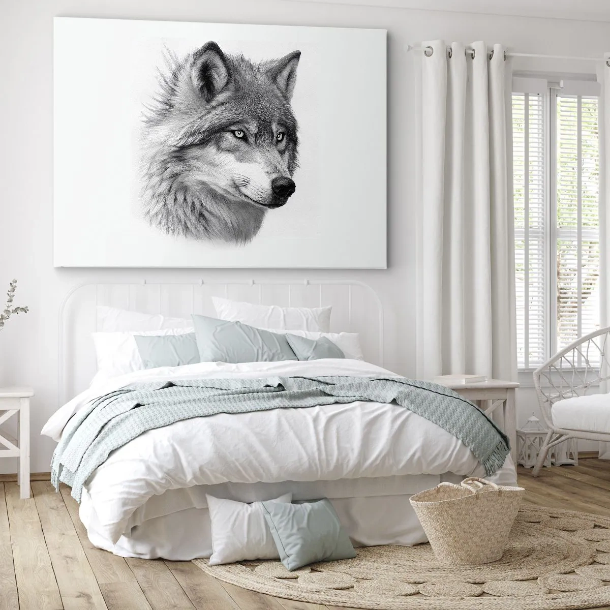 Canvastavla - Bild på duk - Ett realistiskt porträtt av en varg i grå nyanser. - 70x50cm - Alfa - utan tvekan - Modern väggdekoration för vardagsrum och sovrum ARTTOR