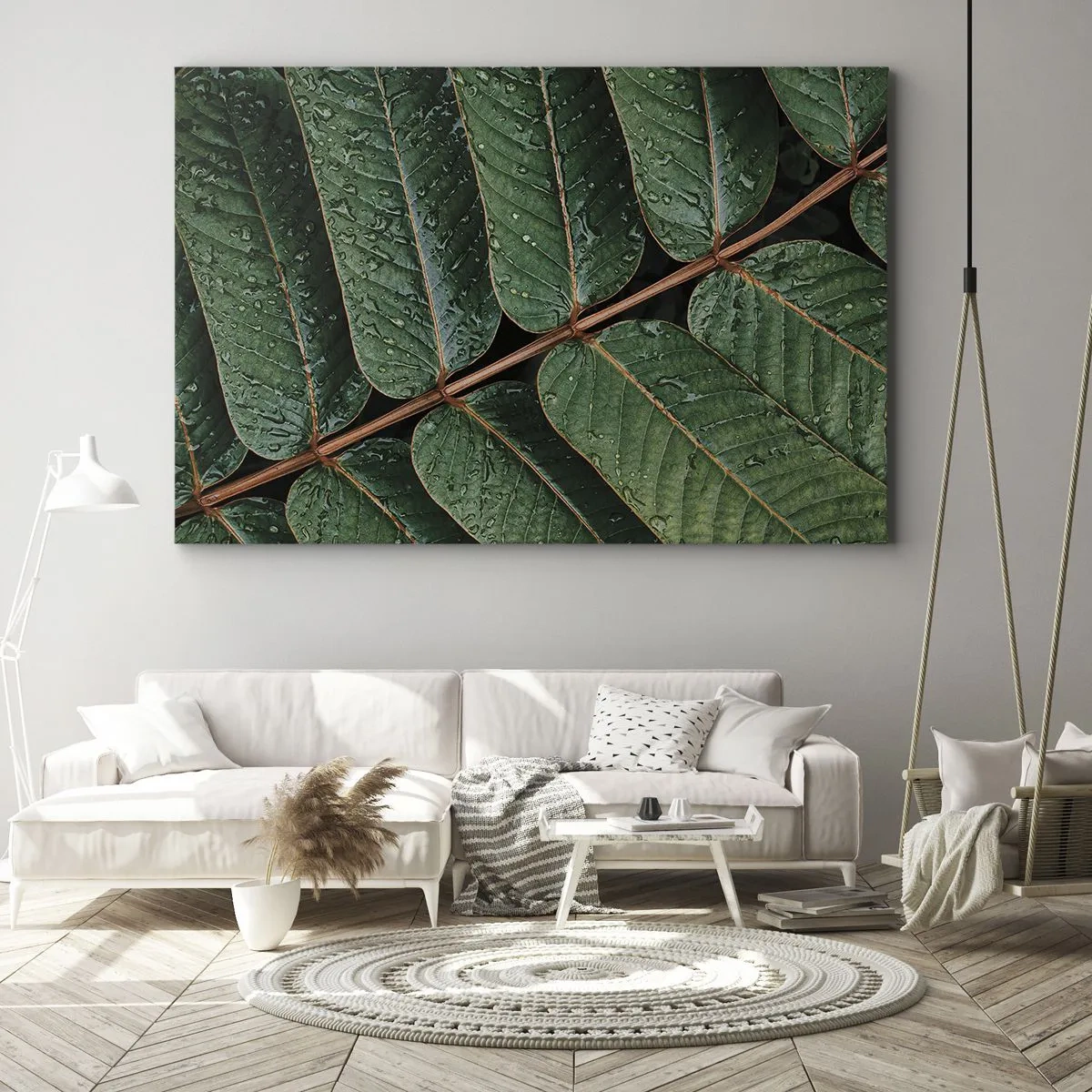 Canvastavla - Bild på duk - Makrobild av gröna blad med daggdroppar - 70x50cm - I den gröna rytmen - Modern väggdekoration för vardagsrum och sovrum ARTTOR