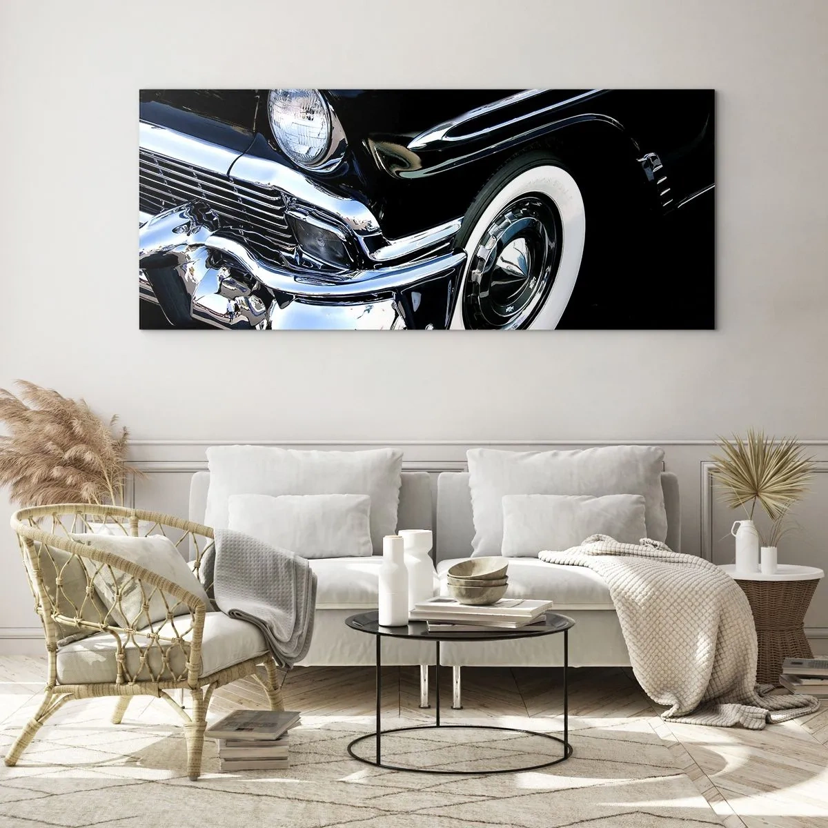 Glastavla - Bild på glas - Klassik i silver, svart och vit - 100x40 cm