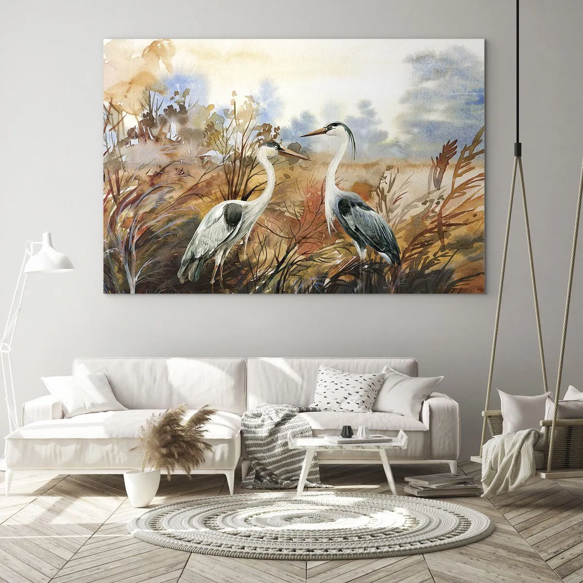 Glastavla - Bild på glas - Två tranor i ett höstlandskap målat i akvarell - 70x50cm - Vart ska vi på hösten? - Modern väggdekoration för vardagsrum och sovrum ARTTOR