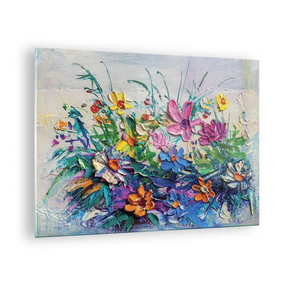 Glastavla - Bild på glas - Ett färgglatt blomsterarrangemang i målerisk stil - 70x50cm - Icke stilleben - Modern väggdekoration för vardagsrum och sovrum ARTTOR