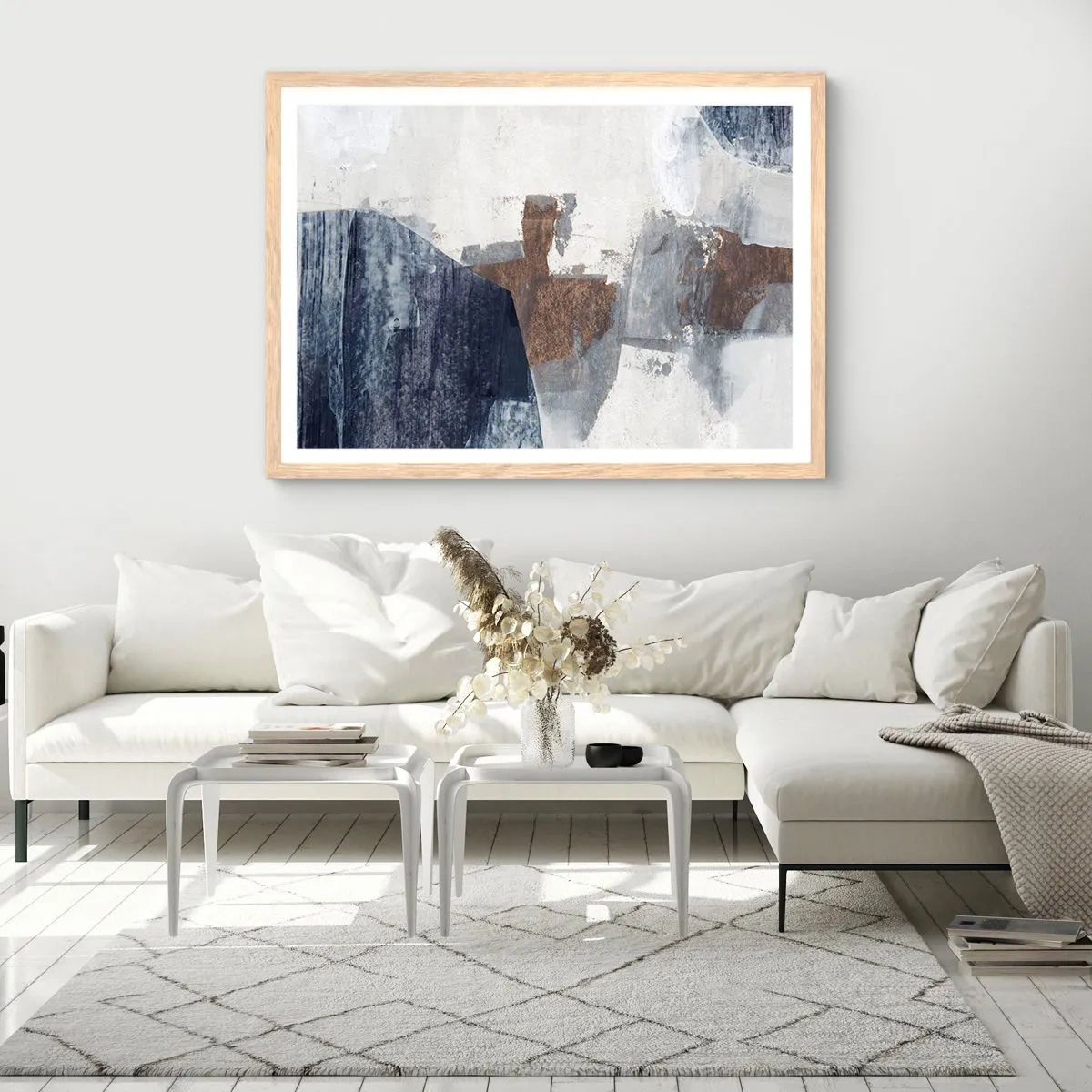 Affisch i ram av ljusek - Blåbruna former - 70x50 cm