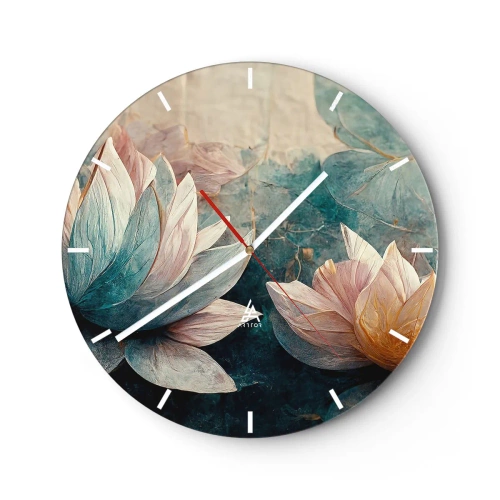Väggklocka - Klocka på glas - Lotusblommor mot bakgrund av sjöns grönblå yta - 30x30cm - Stjärnor i en sjö - Modern väggdekoration för vardagsrum, kök och sovrum ARTTOR