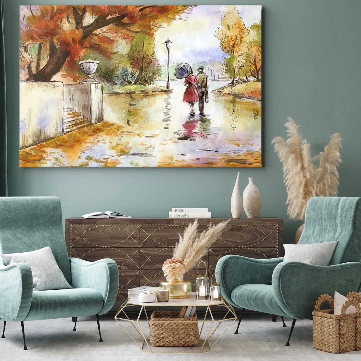 Canvastavla - Bild på duk - En promenad i höstparken med ett paraply - 70x50cm - Romantisk höst i parken - Modern väggdekoration för vardagsrum och sovrum ARTTOR