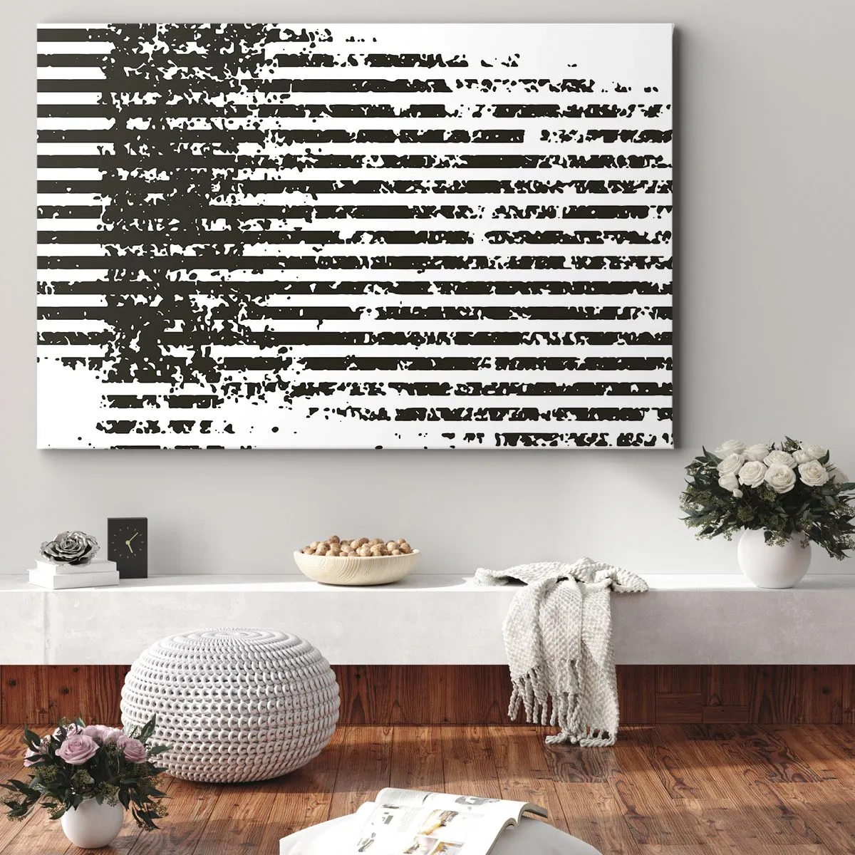 Canvastavla - Bild på duk - Abstrakta linjer med en distressad effekt i svartvitt - 70x50cm - Rytm och brus - Modern väggdekoration för vardagsrum och sovrum ARTTOR