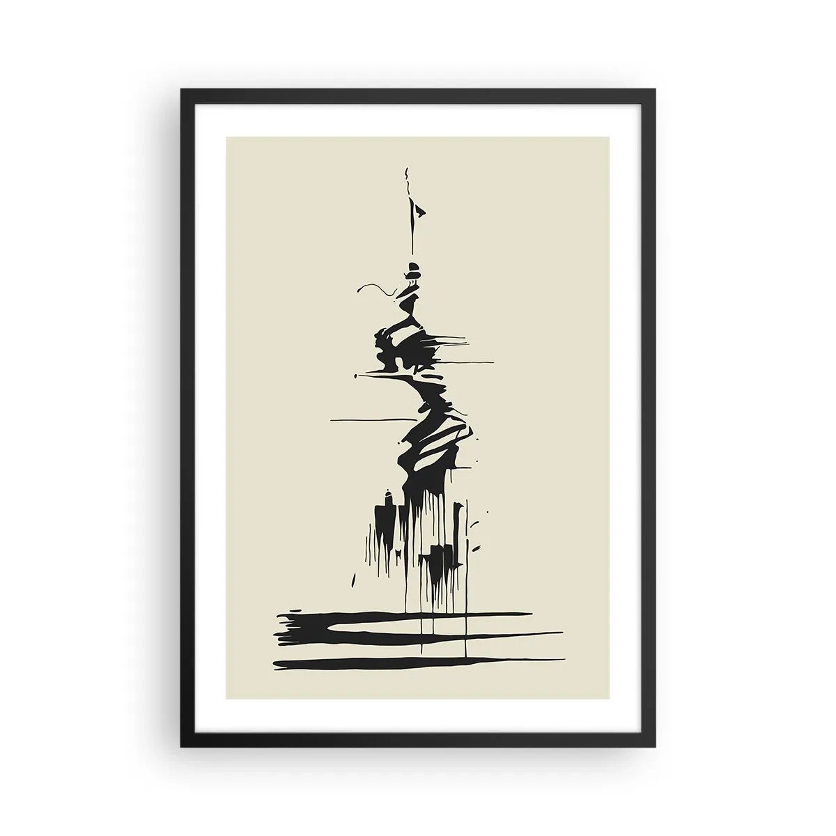 Affisch i svart ram - En abstrakt teckning av en figur mot en vågig bakgrund. - 50x70cm - Skyndsam abstraktion - Modern väggdekoration för vardagsrum och sovrum ARTTOR