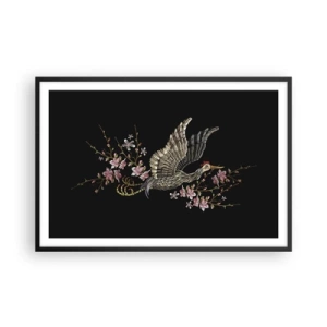 Affisch i svart ram - Exotisk, broderad fågel - 91x61 cm