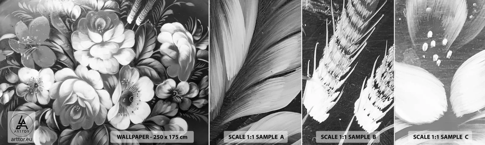 Provbit av självhäftande fototapet Deluxe Sticker - Vackra även i gråskala - Abstraktion, Blommor, Bit - 100x30 cm