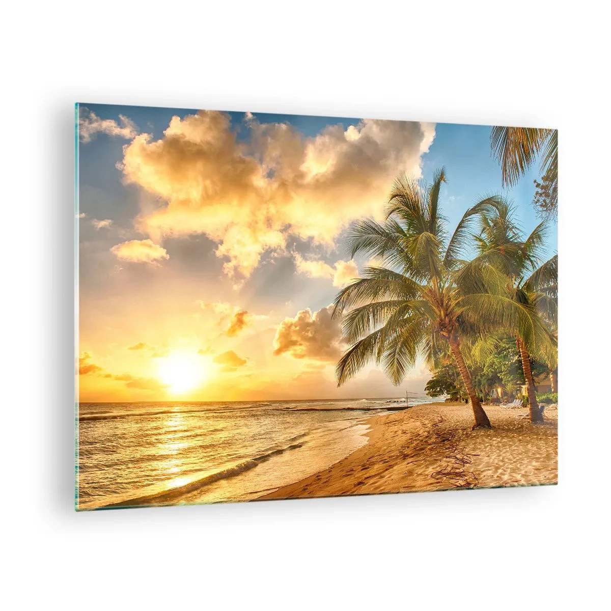 Glastavla - Bild på glas - Palmstrand vid solnedgången med varma himmelfärger - 70x50cm - Evig sommar, alltid semester - Modern väggdekoration för vardagsrum och sovrum ARTTOR