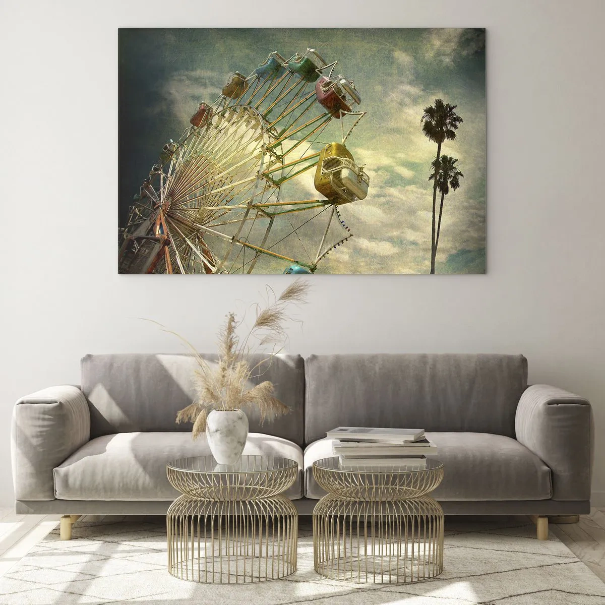 Glastavla - Bild på glas - Ett pariserhjul mot himlen och palmer i retrostil - 70x50cm - Kommer att bli, kommer att bli kul.... - Modern väggdekoration för vardagsrum och sovrum ARTTOR