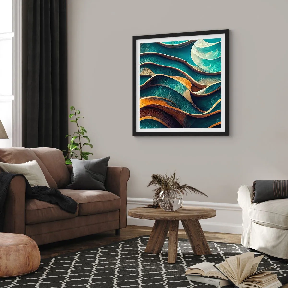 Affisch i svart ram - Meandrar av blått - 30x30 cm