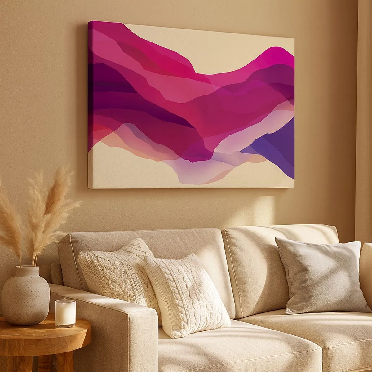 Canvastavla - Bild på duk - Abstrakta vågor i nyanser av lila och rosa mot en ljus bakgrund - 70x50cm - Purpurfärgade vågor - Modern väggdekoration för vardagsrum och sovrum ARTTOR