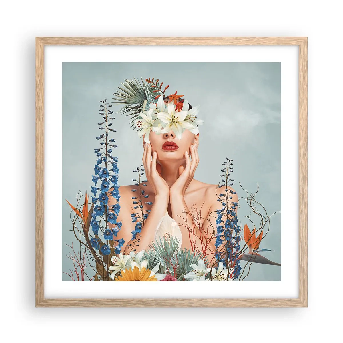 Affisch i ram av ljusek - Kvinna - blomma - 50x50 cm