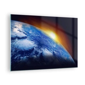 Glastavla - Bild på glas - Jorden i rymden upplyst av solens strålar - 70x50cm - Soluppgång över den blåa planeten - Modern väggdekoration för vardagsrum och sovrum ARTTOR