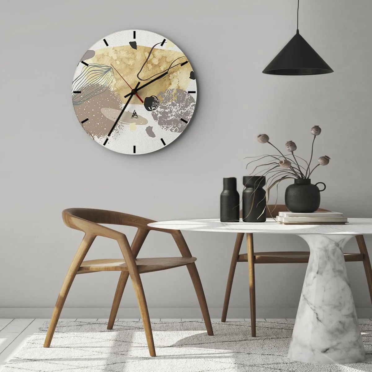 Väggklocka - Klocka på glas - Konstnärlig abstraktion i beige och bruna toner - 30x30cm - Olika former - Modern väggdekoration för vardagsrum, kök och sovrum ARTTOR