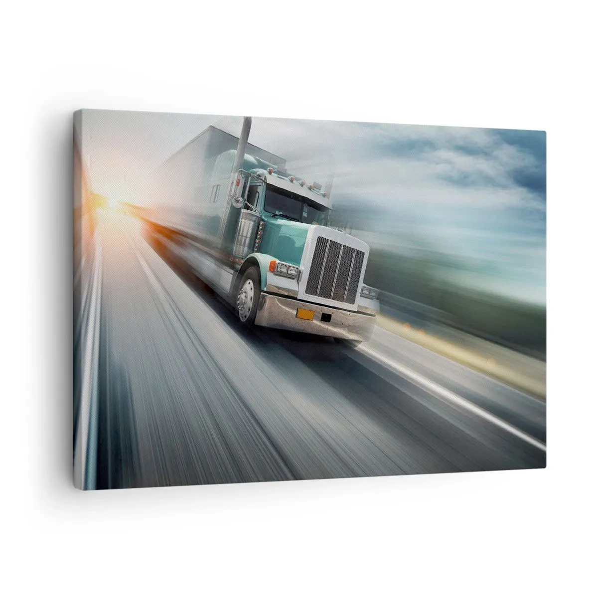 Canvastavla - Bild på duk - En lastbil på motorvägen i rörelse vid solnedgången - 70x50cm - Amerikanska jätten i full fart - Modern väggdekoration för vardagsrum och sovrum ARTTOR