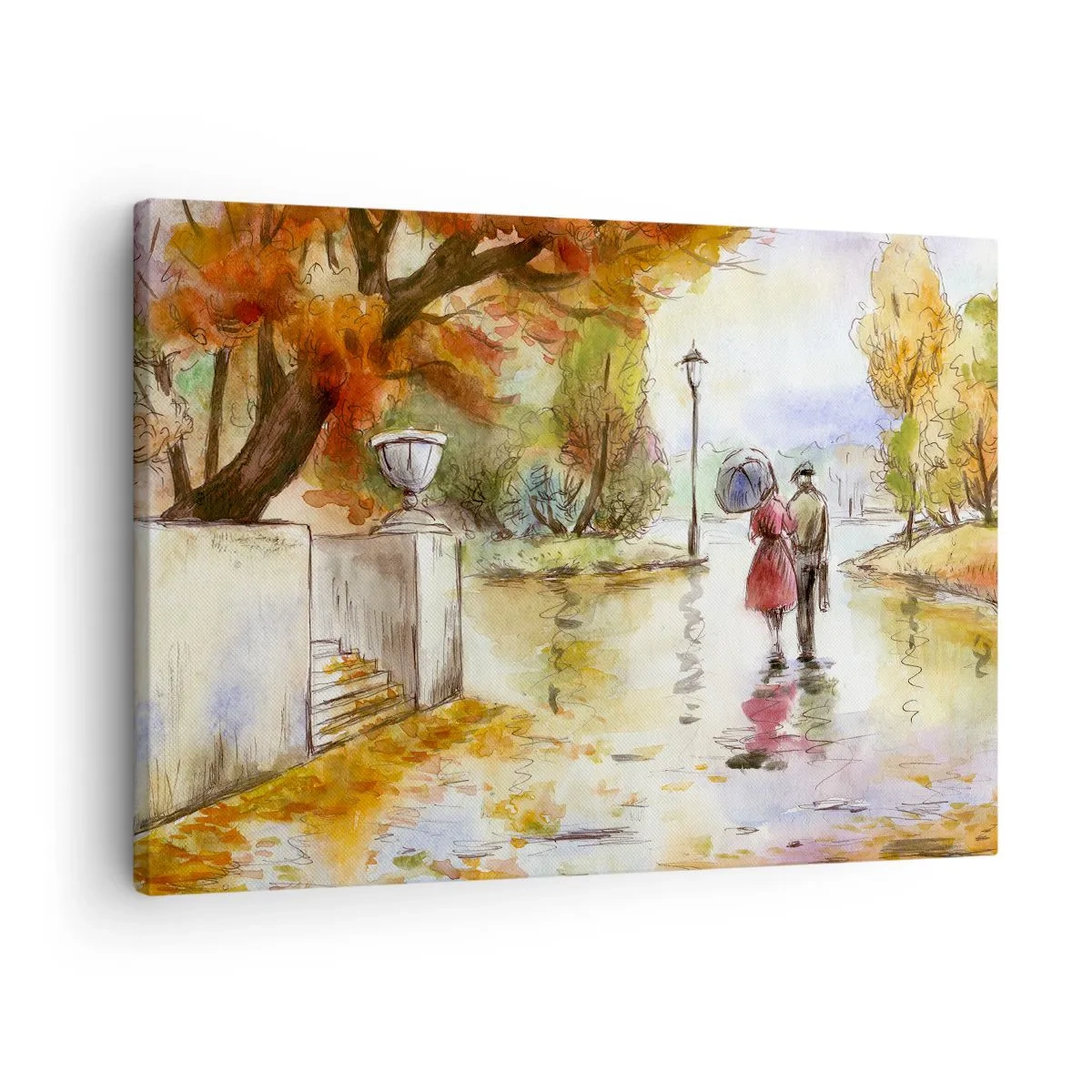 Canvastavla - Bild på duk - En promenad i höstparken med ett paraply - 70x50cm - Romantisk höst i parken - Modern väggdekoration för vardagsrum och sovrum ARTTOR