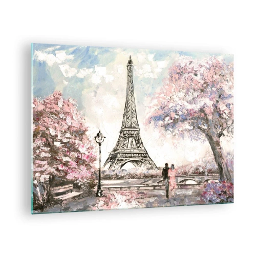 Glastavla - Bild på glas - Illustration av Eiffeltornet i vårmiljö - 70x50cm - Aprilpromenad i Paris - Modern väggdekoration för vardagsrum och sovrum ARTTOR