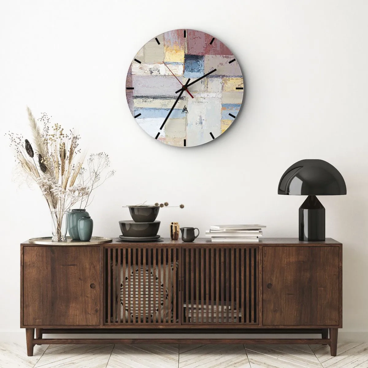 Väggklocka - Klocka på glas - Abstrakt geometrisk komposition i pastellfärger - 30x30cm - Geometrins lugn - Modern väggdekoration för vardagsrum, kök och sovrum ARTTOR