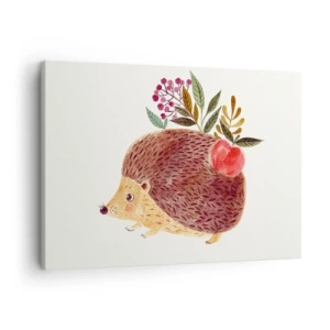 Canvastavla - Bild på duk - En söt igelkott med ett äpple och växter i illustrativ stil - 70x50cm - Och du gillar mig redan - Modern väggdekoration för vardagsrum och sovrum ARTTOR