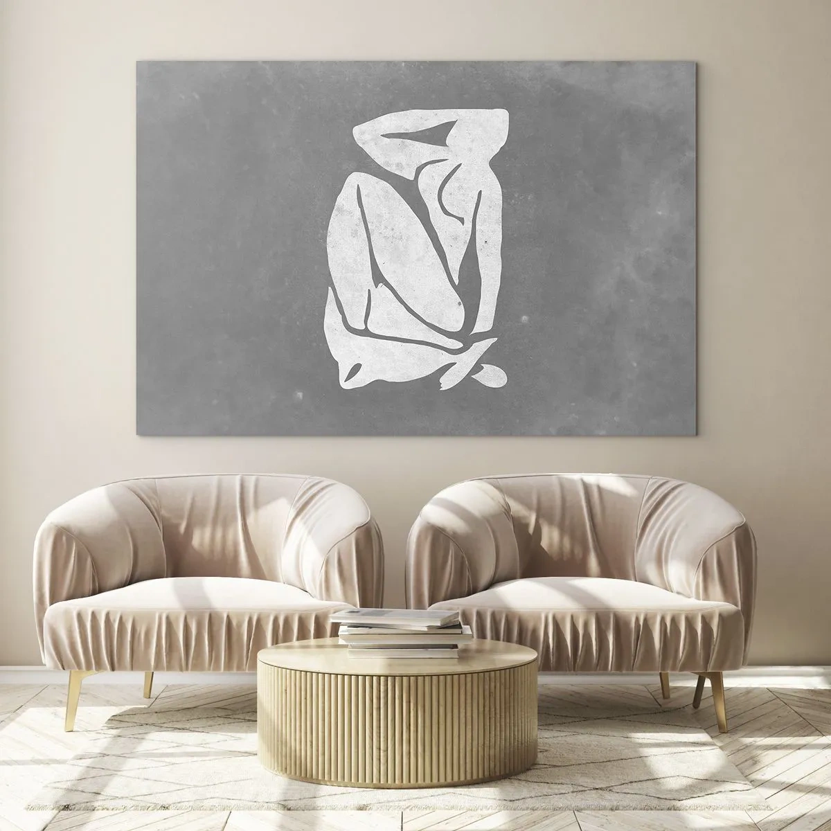 Glastavla - Bild på glas - En minimalistisk silhuett av en kvinna mot en grå bakgrund - 70x50cm - I drömmarnas värld - Modern väggdekoration för vardagsrum och sovrum ARTTOR