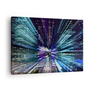 Canvastavla - Bild på duk - Dynamisk vy över staden på natten med en ljuseffekt - 70x50cm - Övergång till hyperrymden - Modern väggdekoration för vardagsrum och sovrum ARTTOR