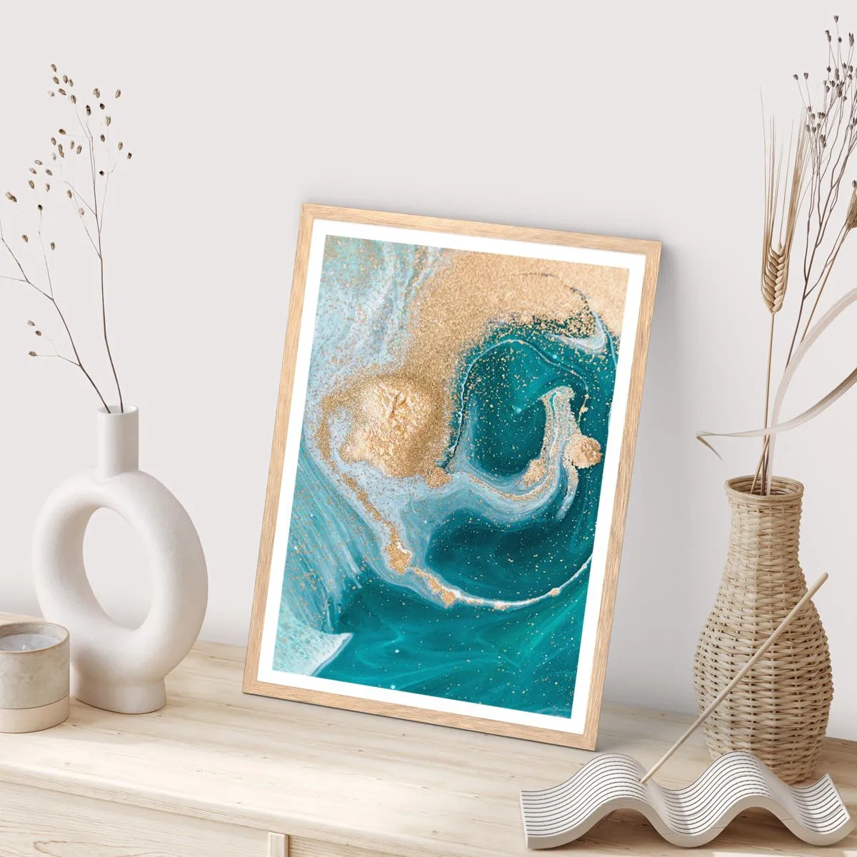 Affisch i ram av ljusek - Guld- och turkosvirvel - 50x70 cm