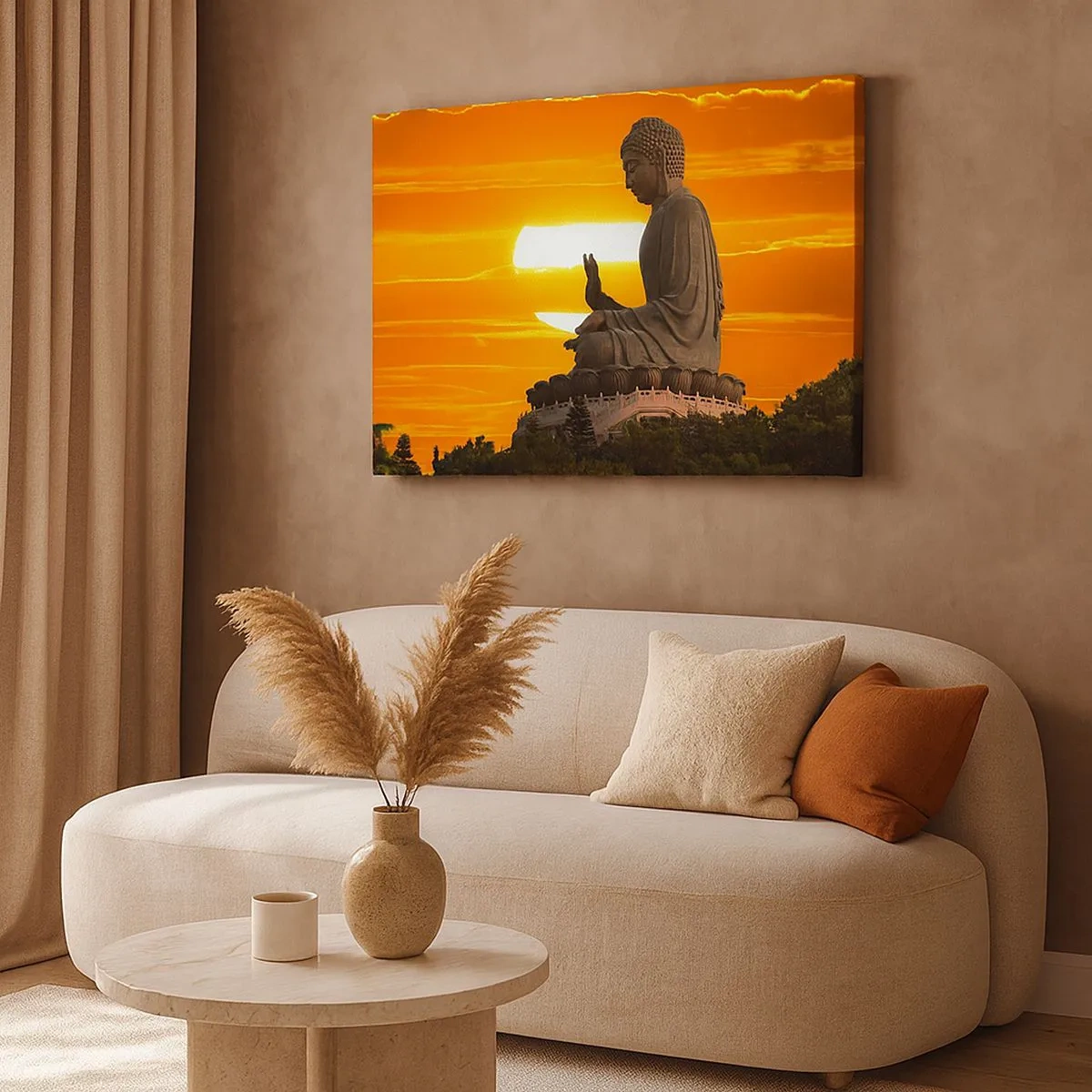 Canvastavla - Bild på duk - En buddhistisk staty mot bakgrund av en orange solnedgång - 70x50cm - Utan rädsla för världen - Modern väggdekoration för vardagsrum och sovrum ARTTOR