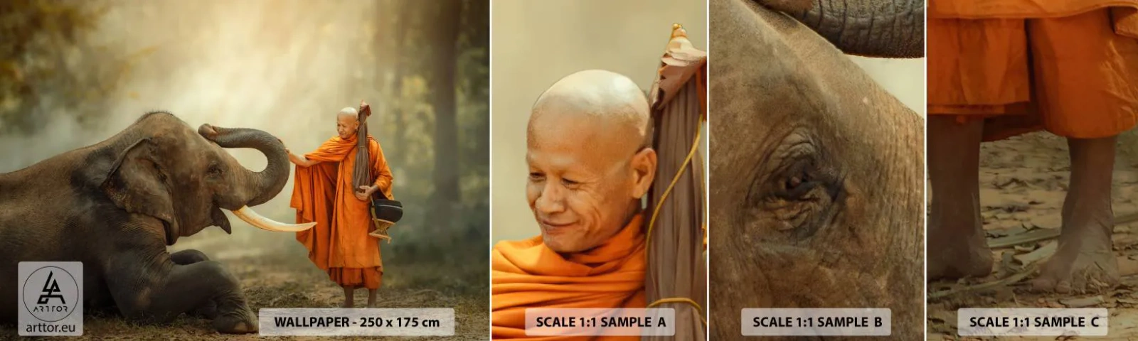 Fototapet Prov Standard Eco - Ett möte under resan - Asien, Elefant, Munk - 100x30 cm