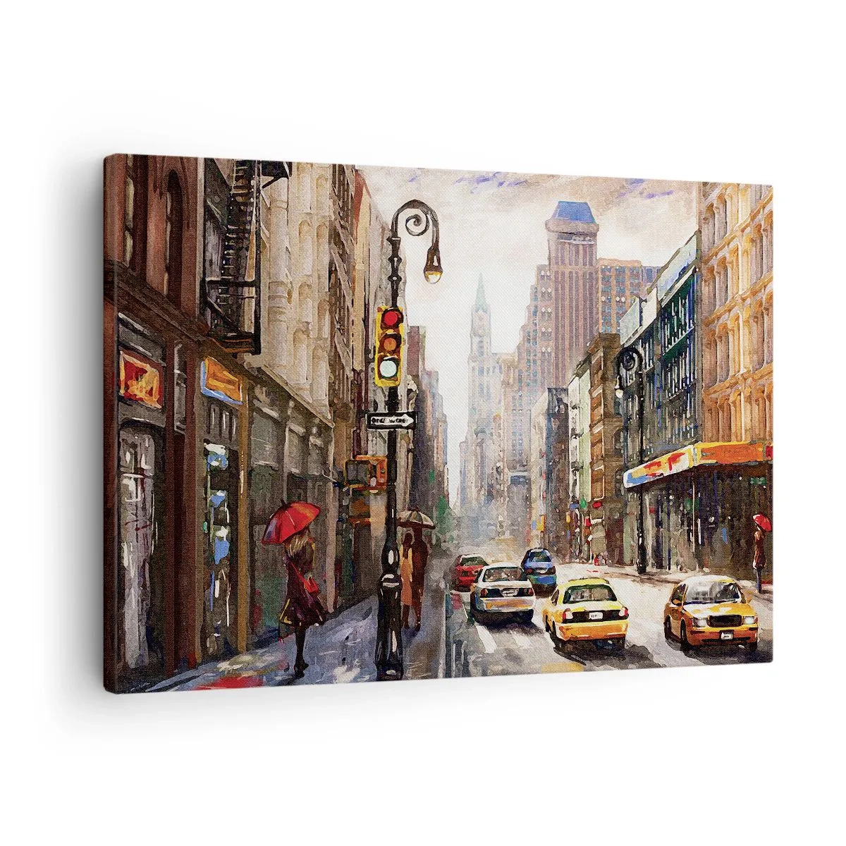 Canvastavla - Bild på duk - Stadsbild med en gata och gula taxibilar - 70x50cm - New York - färgglad också i regnet - Modern väggdekoration för vardagsrum och sovrum ARTTOR