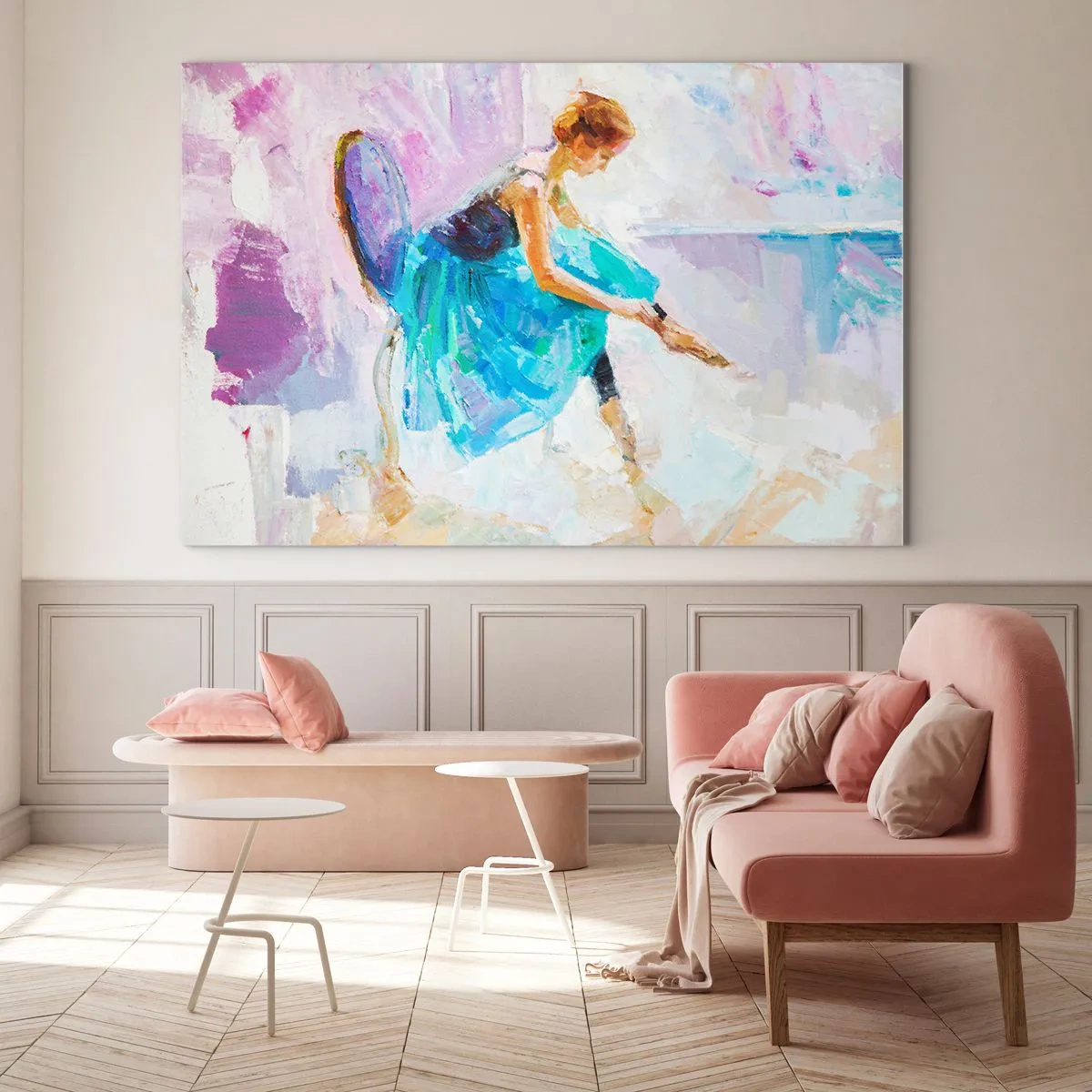 Glastavla - Bild på glas - En ballerina i en blå klänning mot en impressionistisk bakgrund - 70x50cm - Outtalad charm, fin stil - Modern väggdekoration för vardagsrum och sovrum ARTTOR