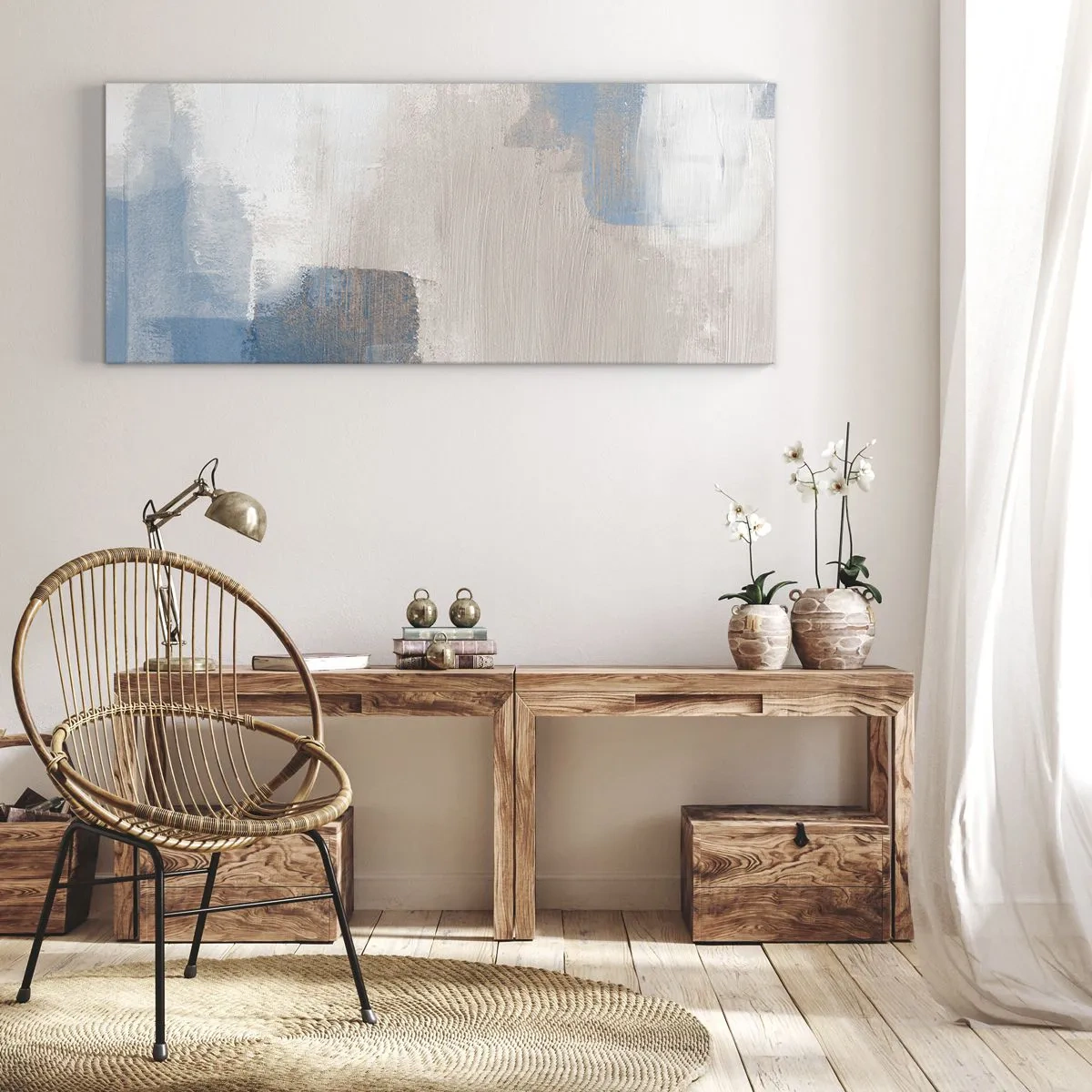 Canvastavla - Bild på duk - Rosa abstraktion bakom en blå slöja - 120x50 cm