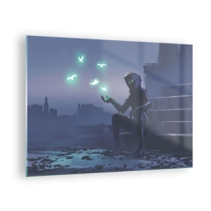 Glastavla - Bild på glas - En figur i mörkret omgiven av svävande gröna fåglar - 70x50cm - Livet kommer tillbaka - Modern väggdekoration för vardagsrum och sovrum ARTTOR