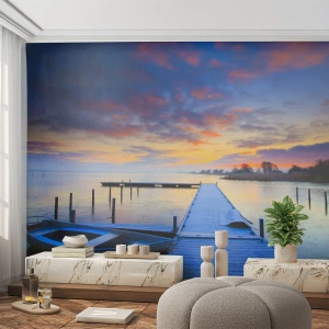 Fototapet Premium Canvas - Violet-guld ro - Landskap, Sjö, Båt - 350x256 cm