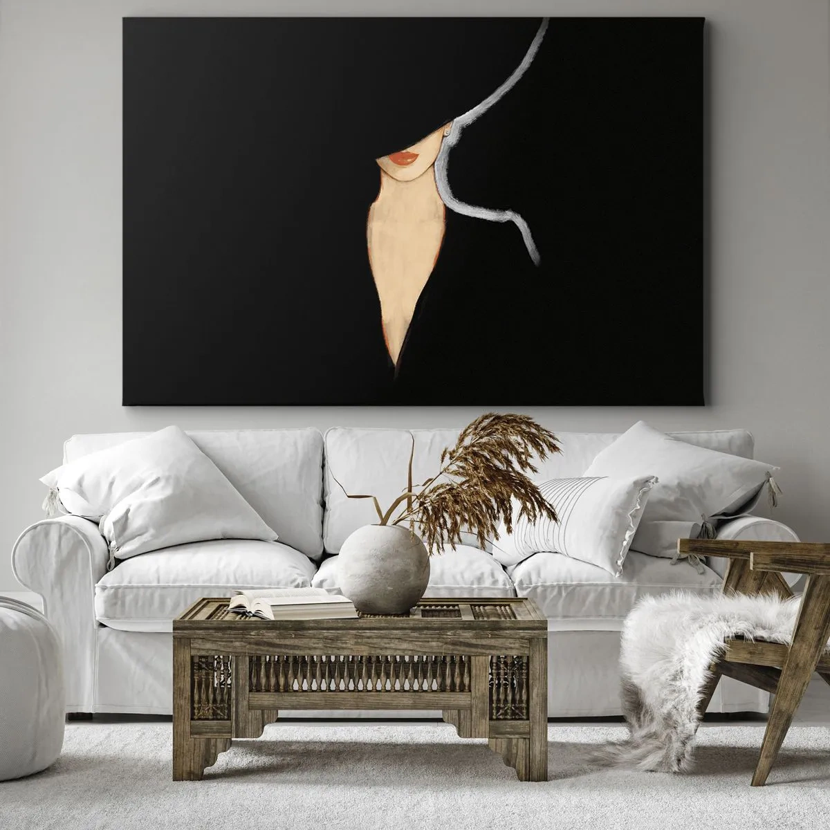Canvastavla - Bild på duk - Silhuett av en kvinna i hatt på svart bakgrund - 70x50cm - Elegans och stil - Modern väggdekoration för vardagsrum och sovrum ARTTOR