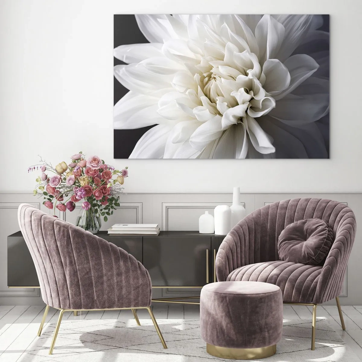 Glastavla - Bild på glas - En närbild av en vit dahlia på en svart och grå bakgrund - 70x50cm - En bruds morgon - Modern väggdekoration för vardagsrum och sovrum ARTTOR