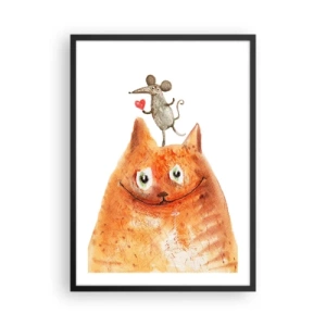 Affisch i svart ram - En katt med en mus som håller ett hjärta på huvudet - 50x70cm - Kärlekens paradoxer - Modern väggdekoration för vardagsrum och sovrum ARTTOR