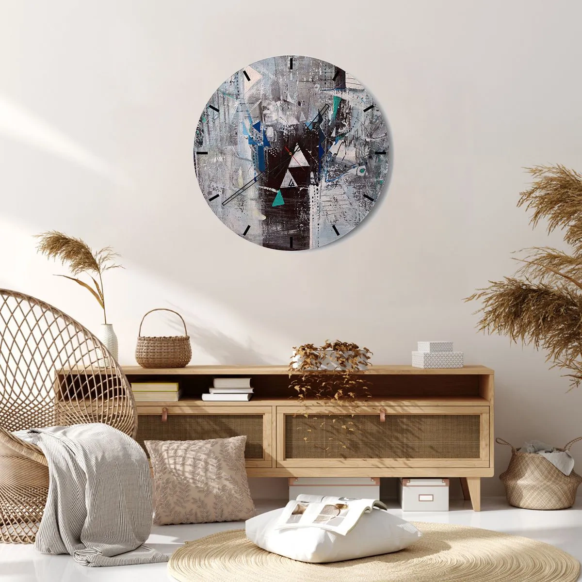 Väggklocka - Klocka på glas - En abstrakt målning i nyanser av grått och blått - 30x30cm - Trianglarnas överordnade ordning - Modern väggdekoration för vardagsrum, kök och sovrum ARTTOR