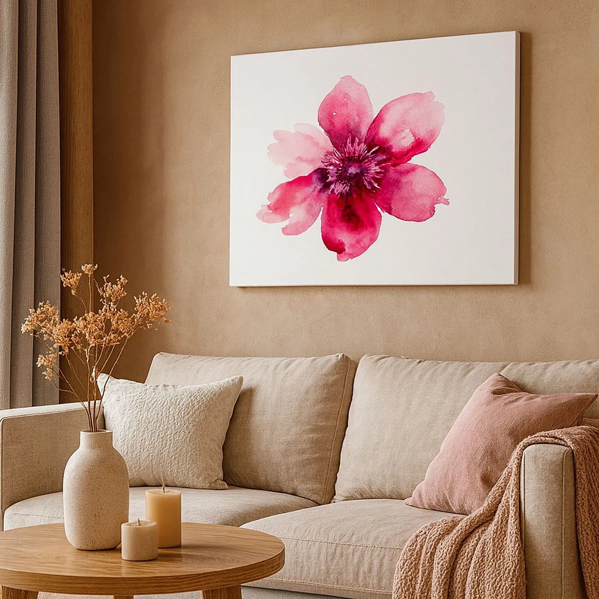 Canvastavla - Bild på duk - Rosa blomma i akvarellstil på vit bakgrund - 70x50cm - Doftande karminkyss - Modern väggdekoration för vardagsrum och sovrum ARTTOR