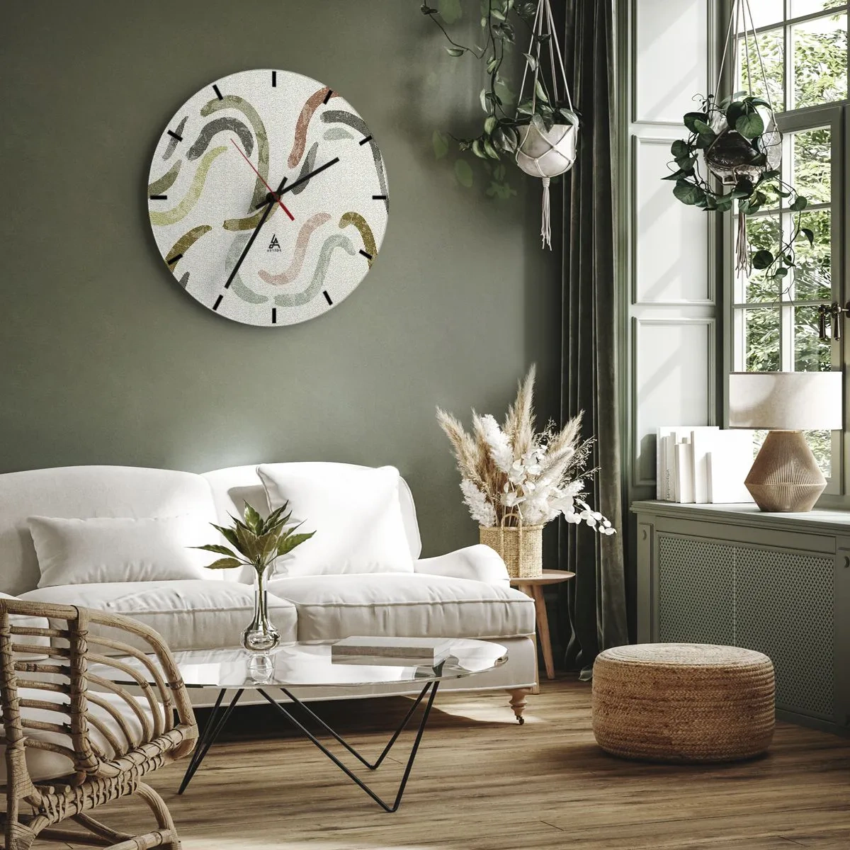 Väggklocka - Klocka på glas - Organiska penseldrag i jordnära toner - 30x30cm - Abstraktionens glada dans - Modern väggdekoration för vardagsrum, kök och sovrum ARTTOR