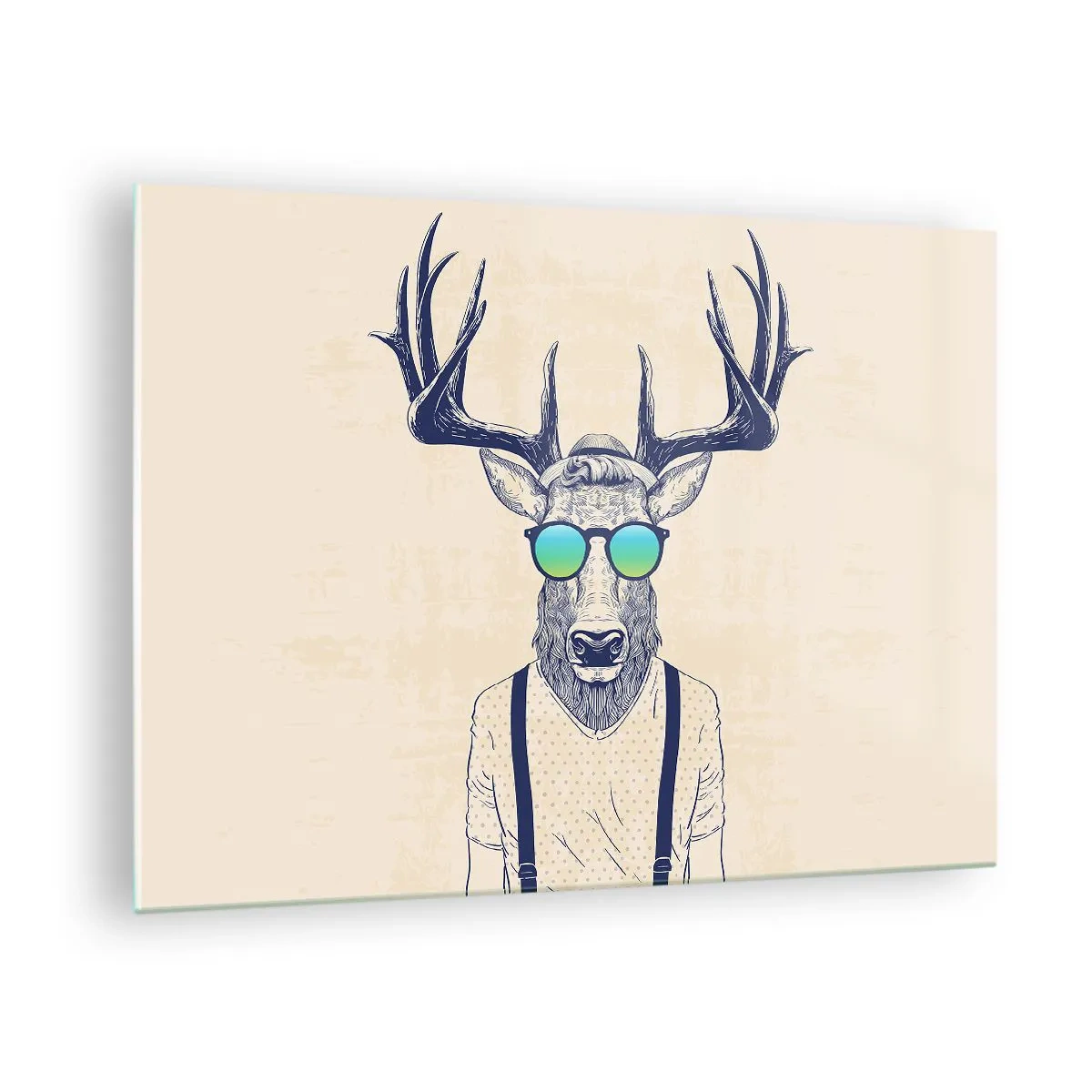 Glastavla - Bild på glas - En elegant hjort i solglasögon mot en ljus bakgrund - 70x50cm - Och vem väntade du på? - Modern väggdekoration för vardagsrum och sovrum ARTTOR