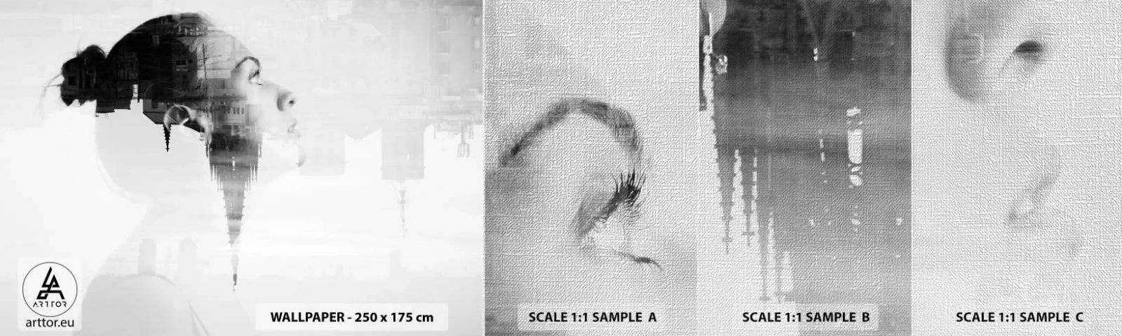 Provbit av fototapet Premium Canvas - På rutans båda sidor - Abstraktion, Kvinnans ansikte, Arkitektur - 100x30 cm