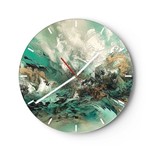 Väggklocka - Klocka på glas - Dynamisk abstraktion i grönt, vitt och guld - 30x30cm - Smaragdsvart bränna - Modern väggdekoration för vardagsrum, kök och sovrum ARTTOR