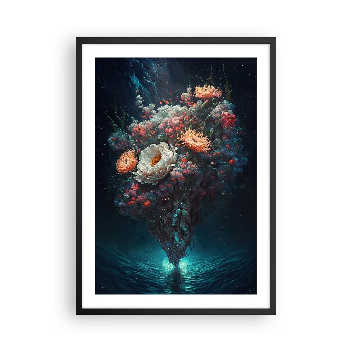 Affisch i svart ram - Ett magiskt arrangemang av blommor som svävar ovanför vattnet - 50x70cm - Märklig trädgård - Modern väggdekoration för vardagsrum och sovrum ARTTOR